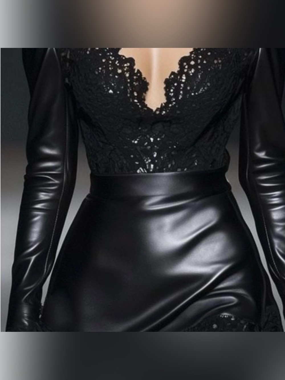 Oyrosy Black Faux Leather Dress with Lace Trim